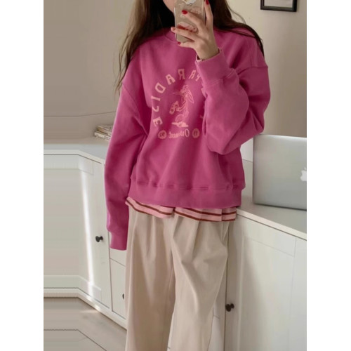 顯白玫粉色卡通印花衛衣女慵嬾風百搭簡約寬鬆韓系減齡ins上衣秋