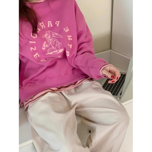 顯白玫粉色卡通印花衛衣女慵嬾風百搭簡約寬鬆韓系減齡ins上衣秋