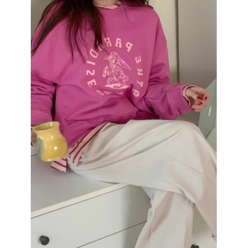 顯白玫粉色卡通印花衛衣女慵嬾風百搭簡約寬鬆韓系減齡ins上衣秋