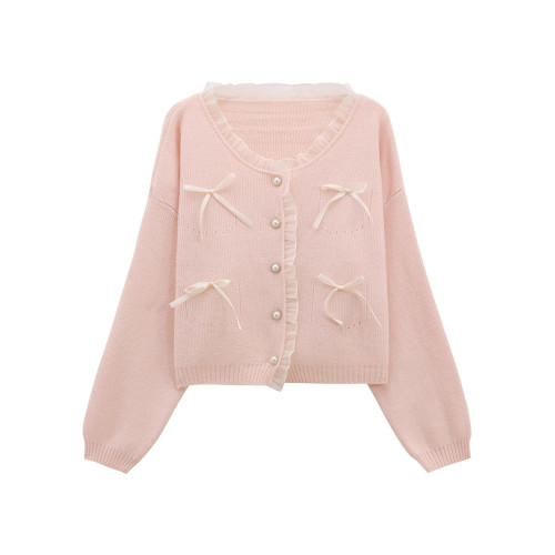 粉色圓領毛衣開衫外套女秋冬小個子設計感外搭蝴蝶結短款針織上衣