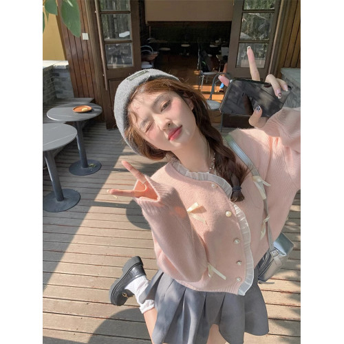 粉色圓領毛衣開衫外套女秋冬小個子設計感外搭蝴蝶結短款針織上衣