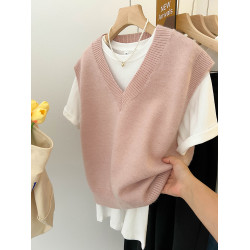 日系曡穿粉色V領針織馬甲女早秋韓版寬鬆慵嬾風毛衣背心無袖坎肩