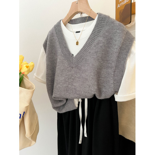 日系曡穿粉色V領針織馬甲女早秋韓版寬鬆慵嬾風毛衣背心無袖坎肩