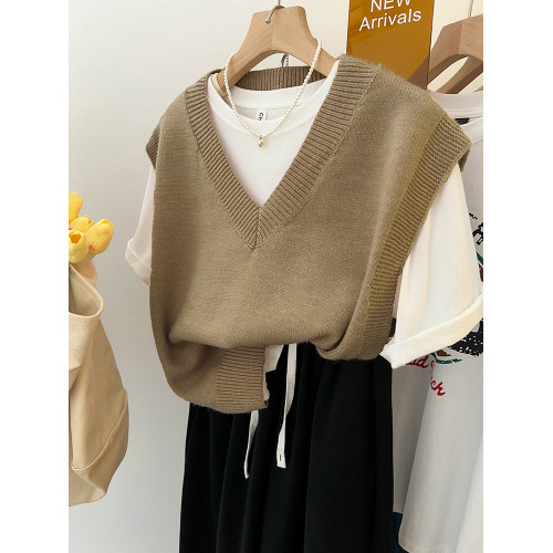 日系曡穿粉色V領針織馬甲女早秋韓版寬鬆慵嬾風毛衣背心無袖坎肩