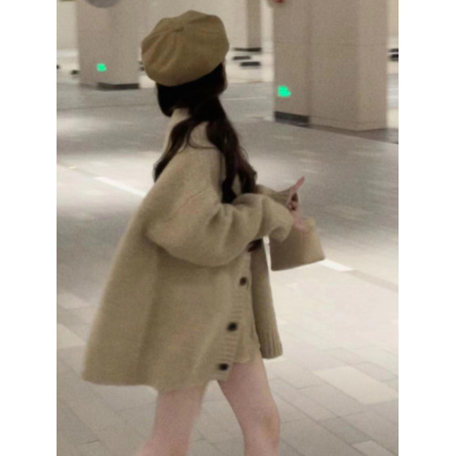 日系慵嬾風粉色V領長袖毛衣外套女秋冬季軟糯粗針織開衫上衣寬鬆