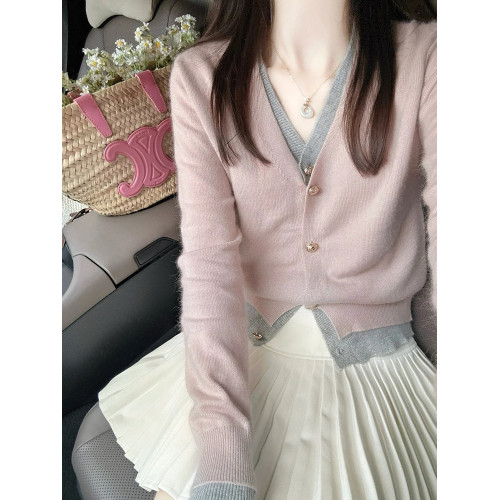 秋冬穿搭上衣粉色假兩件打底衫毛衣女秋冬小個子設計感小衆針織衫