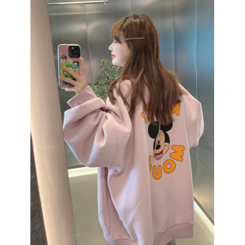 韓國東大門2025秋冬新款粉色可愛後背米奇頭加絨圓領套頭寬鬆衛衣