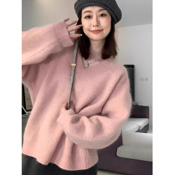 慵懶風軟糯粉色v領仿浣熊絨毛衣女冬季加厚奶fufu內搭針織衫上衣