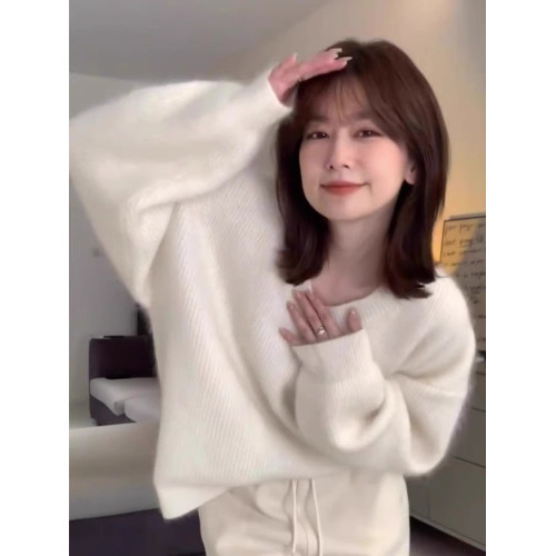 慵懶風軟糯粉色v領仿浣熊絨毛衣女冬季加厚奶fufu內搭針織衫上衣