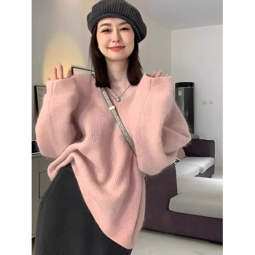 慵懶風軟糯粉色v領仿浣熊絨毛衣女冬季加厚奶fufu內搭針織衫上衣