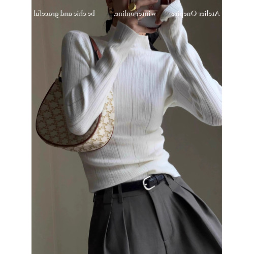 粉色半高領針織打底衫女秋冬高級感修身軟糯毛衣內搭別致絕美上衣