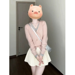 早秋新款韓系穿搭假兩件粉色針織開衫女設計感長袖上衣短款外套潮