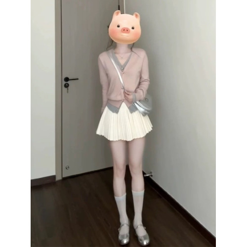 早秋新款韓系穿搭假兩件粉色針織開衫女設計感長袖上衣短款外套潮