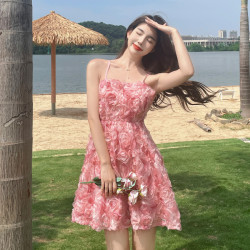 粉色碎花小個子吊帶連衣裙女夏2025新款法式無袖高級感公主短裙子