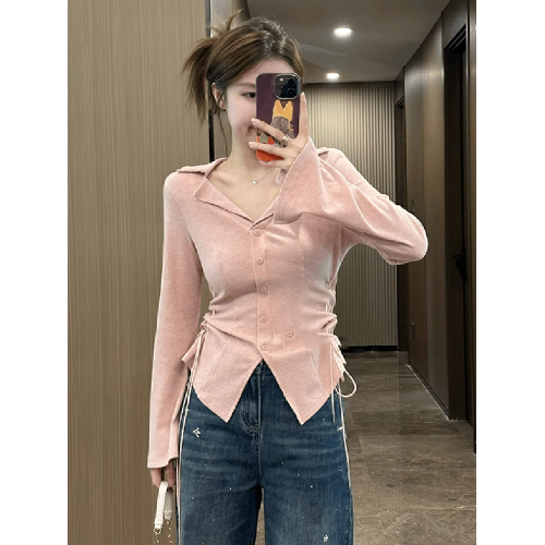 大碼粉色V領長袖針織衫女秋季胖mm收腰顯瘦內搭外穿打底小衫上衣