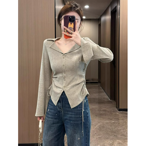 大碼粉色V領長袖針織衫女秋季胖mm收腰顯瘦內搭外穿打底小衫上衣