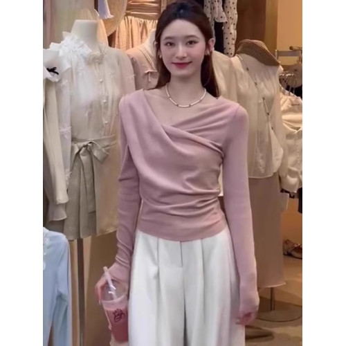 純欲性感蕩領粉色針織衫女秋冬新款小心機顯瘦薄款長袖不規則上衣