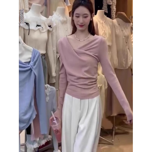 純欲性感蕩領粉色針織衫女秋冬新款小心機顯瘦薄款長袖不規則上衣