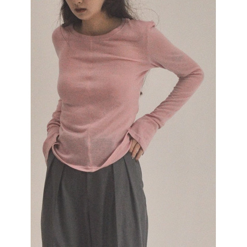 復古粉色針織長袖上衣女2025早秋新款修身內搭打底衫薄款正肩T恤 復古粉色針織長袖上衣女2025早秋新款修身內搭打底衫薄款正肩T恤