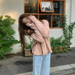 粉色麻花毛衣外套女2025新款秋冬小個子寬鬆針織開衫韓系溫柔上衣