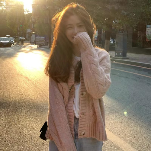 粉色麻花毛衣外套女2025新款秋冬小個子寬鬆針織開衫韓系溫柔上衣