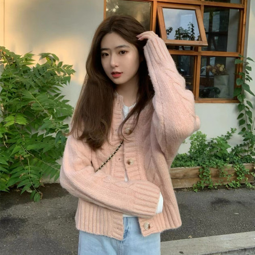 粉色麻花毛衣外套女2025新款秋冬小個子寬鬆針織開衫韓系溫柔上衣