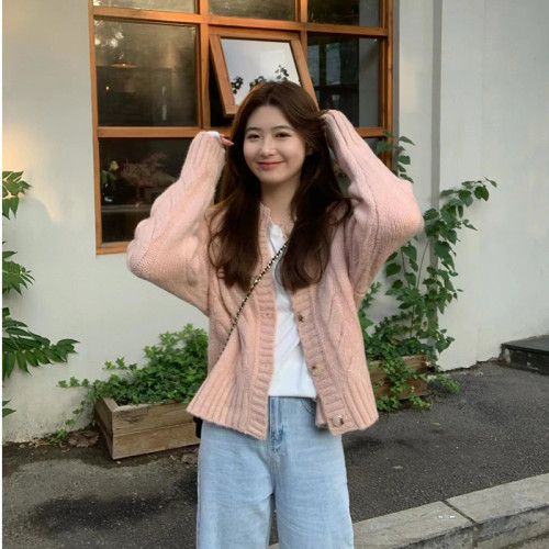 粉色麻花毛衣外套女2025新款秋冬小個子寬鬆針織開衫韓系溫柔上衣