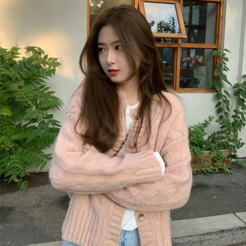 粉色麻花毛衣外套女2025新款秋冬小個子寬鬆針織開衫韓系溫柔上衣