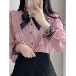 蝴蝶結蕾絲粉色襯衫女設計小衆高級感襯衣法式春秋小個子長袖上衣