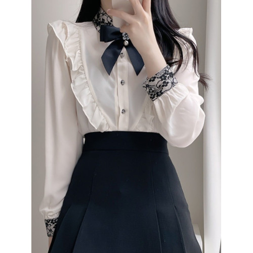 蝴蝶結蕾絲粉色襯衫女設計小衆高級感襯衣法式春秋小個子長袖上衣