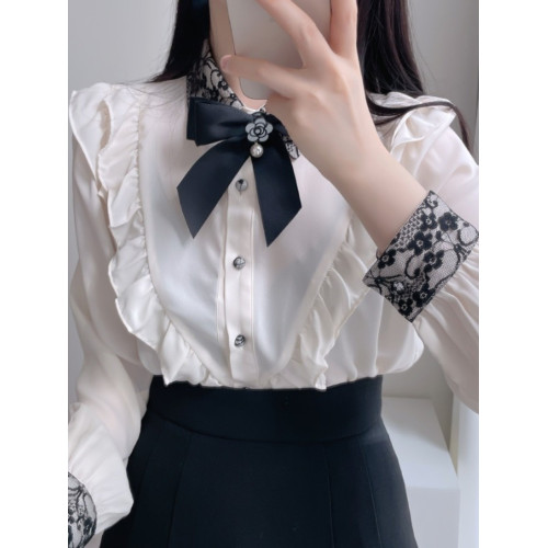 蝴蝶結蕾絲粉色襯衫女設計小衆高級感襯衣法式春秋小個子長袖上衣