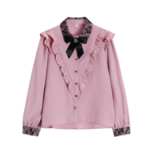 蝴蝶結蕾絲粉色襯衫女設計小衆高級感襯衣法式春秋小個子長袖上衣