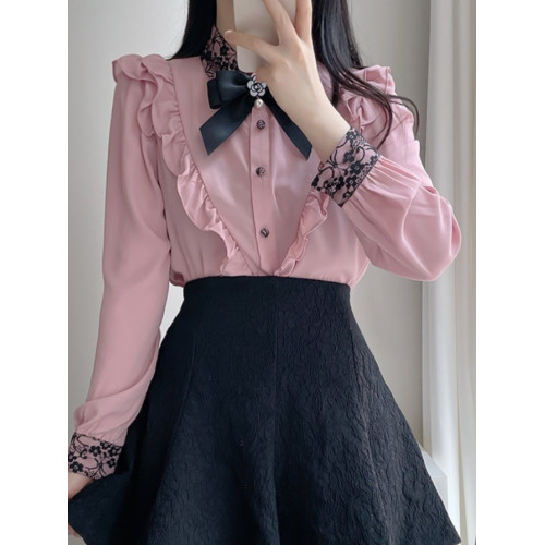 蝴蝶結蕾絲粉色襯衫女設計小衆高級感襯衣法式春秋小個子長袖上衣