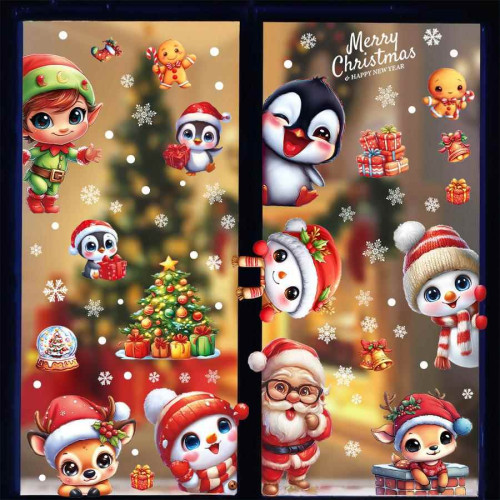 9張/套聖誕節靜電玻璃窗貼2026藍綠紅黑金聖誕老人麋鹿雪人