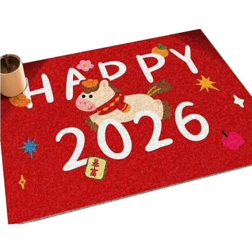 2026新年紅色絲圈門廳地毯可愛小馬防滑地墊可剪裁耐髒除塵門地墊