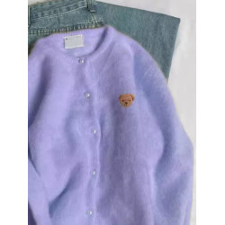 馬海毛小熊刺綉粉色針織開衫春秋季軟糯溫柔慵嬾毛衣外套外搭上衣