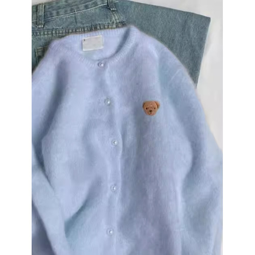 馬海毛小熊刺綉粉色針織開衫春秋季軟糯溫柔慵嬾毛衣外套外搭上衣