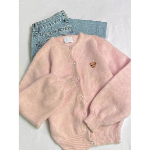 馬海毛小熊刺綉粉色針織開衫春秋季軟糯溫柔慵嬾毛衣外套外搭上衣