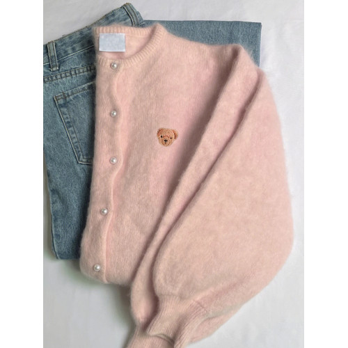 馬海毛小熊刺綉粉色針織開衫春秋季軟糯溫柔慵嬾毛衣外套外搭上衣