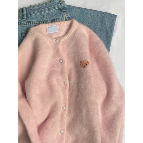 馬海毛小熊刺綉粉色針織開衫春秋季軟糯溫柔慵嬾毛衣外套外搭上衣