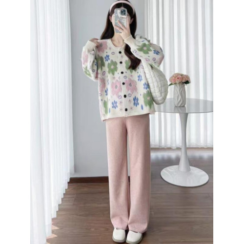 植絨花朵粉色毛衣開衫女春秋小個子寬鬆慵嬾風設計感軟糯針織外套