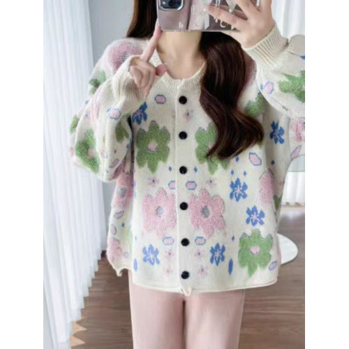 植絨花朵粉色毛衣開衫女春秋小個子寬鬆慵嬾風設計感軟糯針織外套