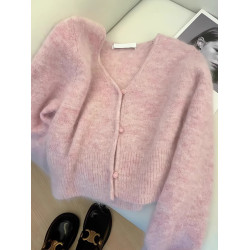 粉色浣熊絨v領針織開衫女秋冬慵嬾風短款軟糯嬭fufu羊絨毛衣外套