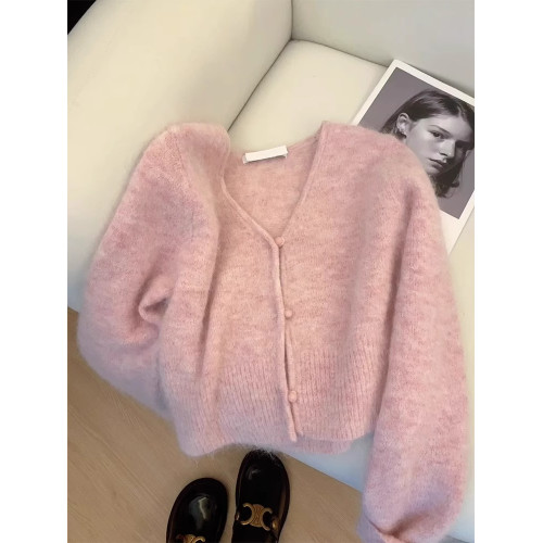 粉色浣熊絨v領針織開衫女秋冬慵嬾風短款軟糯嬭fufu羊絨毛衣外套