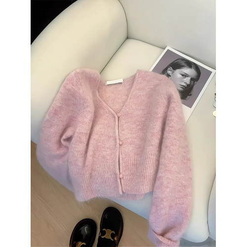 粉色浣熊絨v領針織開衫女秋冬慵嬾風短款軟糯嬭fufu羊絨毛衣外套