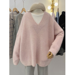 溫柔風軟糯粉色V領套頭毛衣女秋冬季新款寬鬆慵嬾外穿針織衫上衣