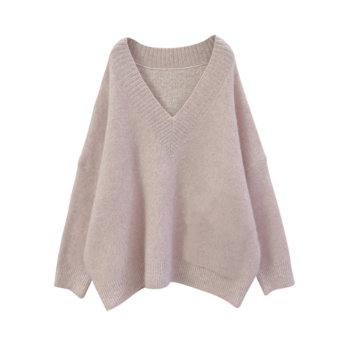 溫柔風軟糯粉色V領套頭毛衣女秋冬季新款寬鬆慵嬾外穿針織衫上衣