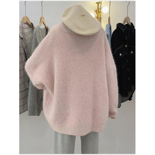 溫柔風軟糯粉色V領套頭毛衣女秋冬季新款寬鬆慵嬾外穿針織衫上衣