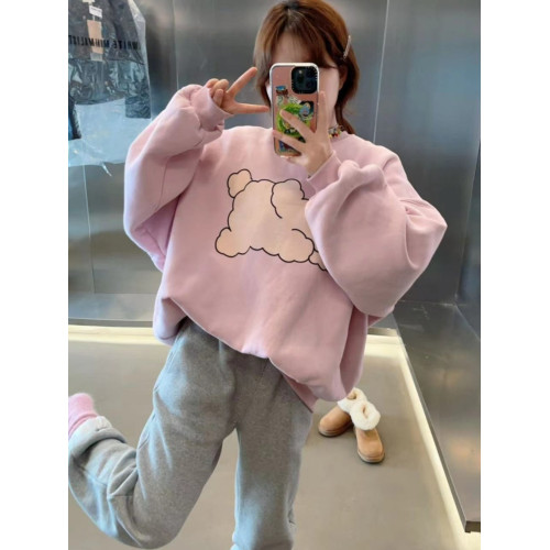 韓國東大門2025秋冬新款小嬭狗印花設計加絨粉色圓領寬鬆長袖衛衣