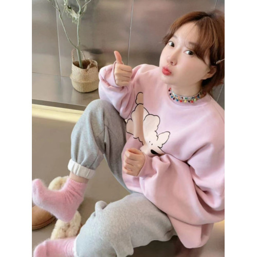 韓國東大門2025秋冬新款小嬭狗印花設計加絨粉色圓領寬鬆長袖衛衣